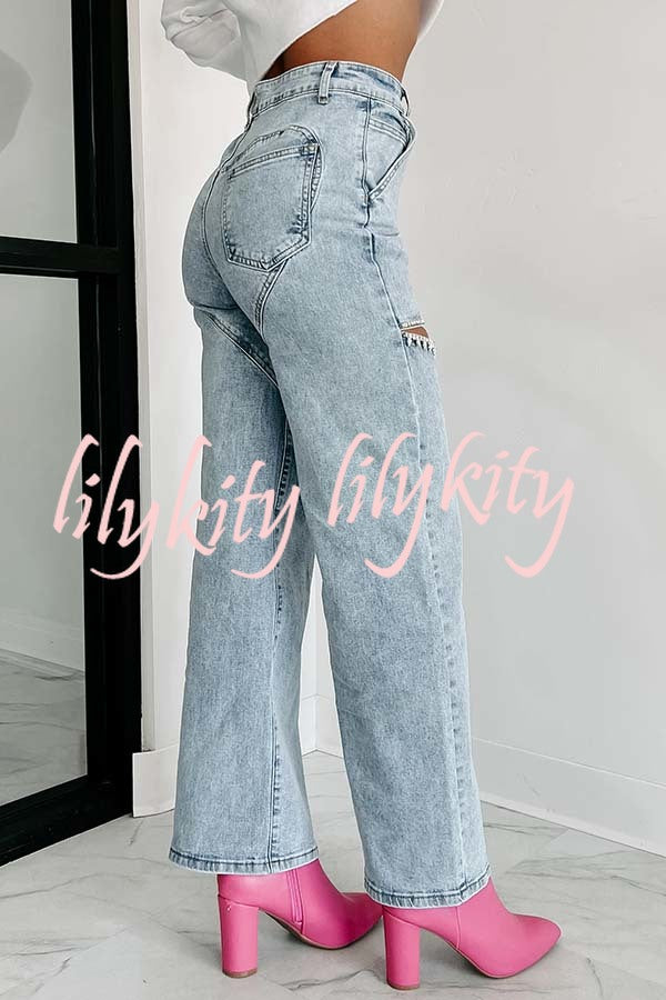 Blowing Your Mind Slit-Front Wide Leg Pocket Rhinestone Jeans