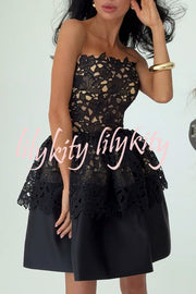 Angie Embroidered Floral Lace Patchwork Off Shoulder Tulip Hem Mini Dress