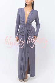 Solid Color Shiny Sexy V-neck Long Sleeve Ribbon Slit Slim Fit Maxi Dress