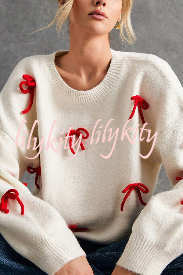 Christmas Bow Round Neck Loose Long Sleeve Knitted Sweater