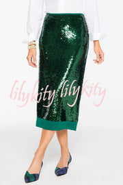 Shimmer Scene Sequin Patchwork Hem High Rise Slit Pencil Midi Skirt