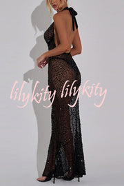 Shine All Night Sheer Sequin Cowl Neck Halter Maxi Dress