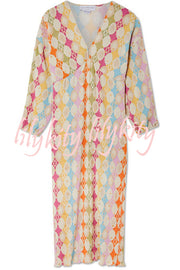 Gorgeous Sunshine Colorful Unique Print Kimono Puff Sleeve Midi Dress