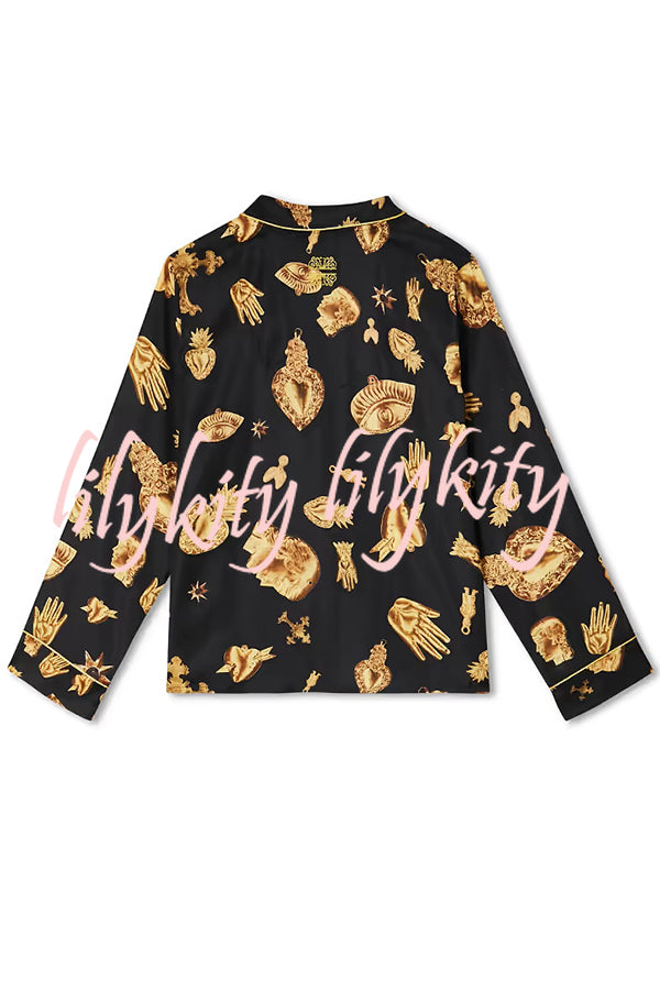 Golden Night Unique Print Color-block Trim Loose Shirt and Elastic Waist Pocketed Pajama Set