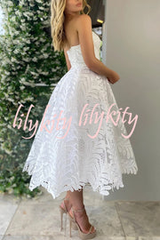 Elegant Openwork Lace Strapless Full-hem Midi Dress