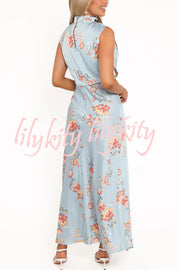Anabelle Satin Lace Detail Floral Print High Cowl Neck Maxi Dress