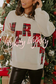 Merry Plaid Embroidered Bow Long-Sleeve Loose Sweatshirt