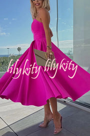 Sweet Cascade Solid Color Off Shoulder Pocket Full Hem Midi Dress