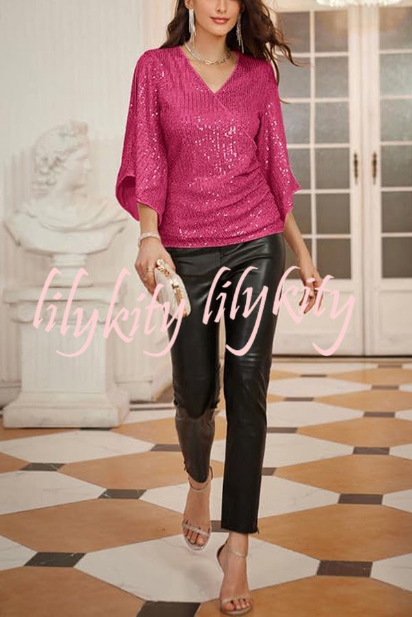 Solid Color Sequined V-neck Hollow Sleeve Slim Fit Top