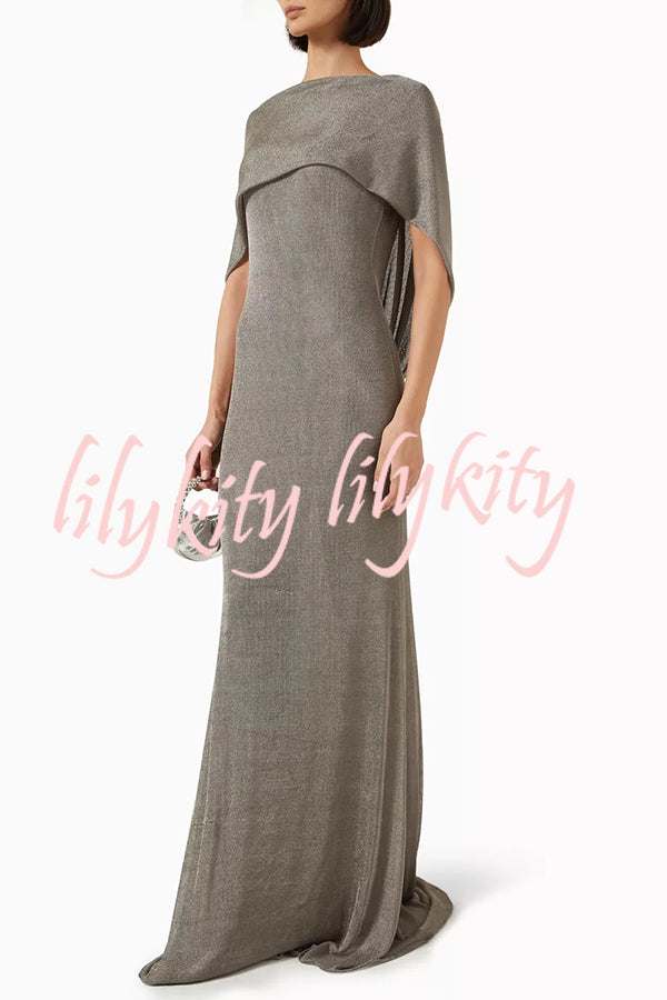 Fit and Elegance Fine Shimmering Fabric Open Cowl Back Draped Neckline Maxi Dress