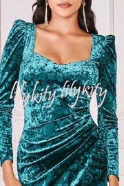 Solid Color Velvet Long-sleeved Slim-fit Slit Midi Dress