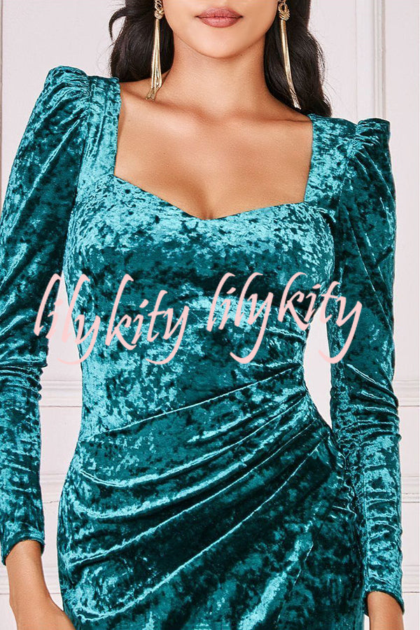 Solid Color Velvet Long-sleeved Slim-fit Slit Midi Dress