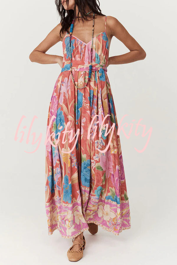 Painter's Garden Boho Floral Print Strappy A-line Maxi Dress