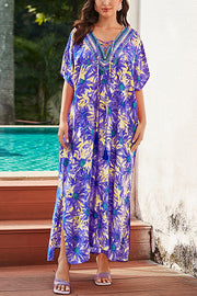 Floral Print V-Neck Lace-Up Loose Holiday Cover-Up Maxi Dress