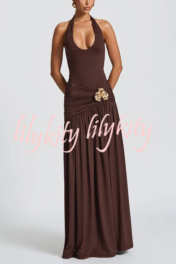 Solid Color Halter Neck Backless Slim Fit Pleated Slit Maxi Dress