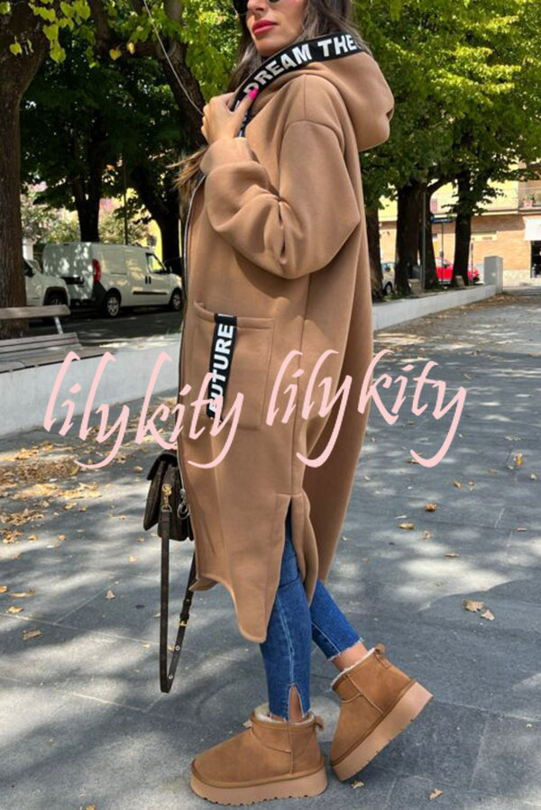 Fashionable and Casual Hooded Zipper Pocket Loose Long Coat