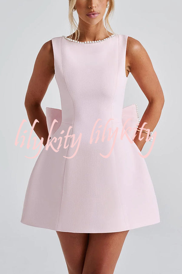 Stylish Pearl-embellished Large Bow Slim-fit Mini Dress