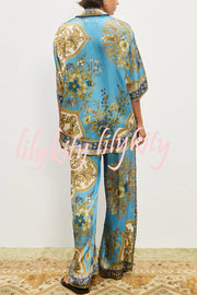 Satin Floral Print Loose Shirt and Elastic Waist Pocket Casual Wide-leg Pants