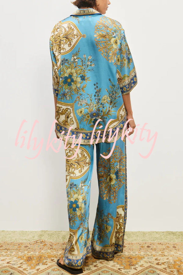 Satin Floral Print Loose Shirt and Elastic Waist Pocket Casual Wide-leg Pants
