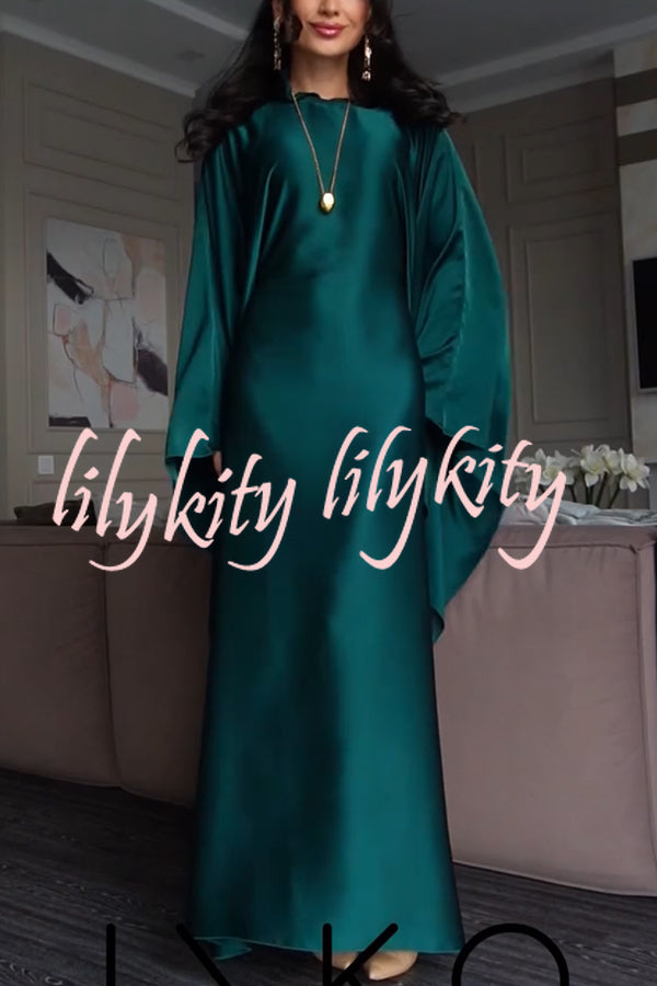 Dignified and Elegant Satin Batwing Sleeve with Waist Tie Design A-line Maxi Dress
