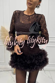 Alyssa Lace Fabric Tulle Layered Petals Trim Long Sleeve Mini Dress