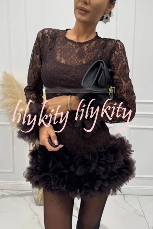 Alyssa Lace Fabric Tulle Layered Petals Trim Long Sleeve Mini Dress