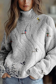 Floral Pattern High-Neck Long-Sleeved Loose Sweatshirt