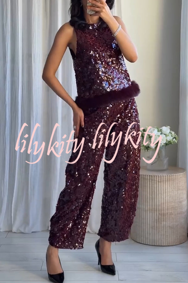 Gala Goddess Sequin Faux Fur Trim Crew Neck Sleeveless Loose Top