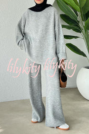 Solid Color Loose Long-sleeved Knit Top and Elastic Waist Casual Straight Leg Pants Set