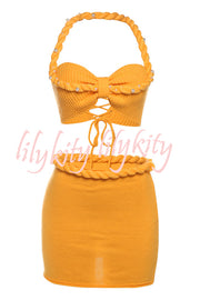 Sexy Halterneck Pearl-embellished Lace-up Tank and Fitted Knit Mini Skirt Set