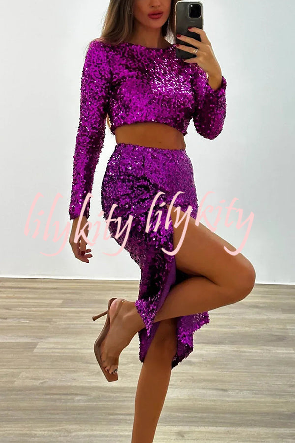 Solid Sequined Long-sleeved Crop Top and Sexy Slit Midi Skirt Set