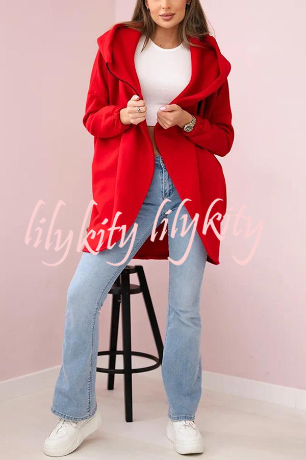 Solid Color Loose Hooded Zip-up Casual Sports Jacket