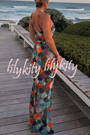 Little Mermaid Colorful Scales Print Halter Maxi Dress