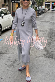 Jollie Knit Long Sleeve Front Slit Midi Sweater and Pleated Tulle Stretch Tank Midi Dress Two-piece Set