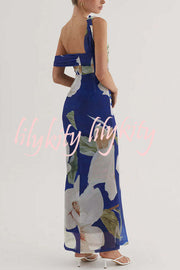 Drama Elegance Mesh Floral One Shoulder Ruched Stretch Maxi Dress