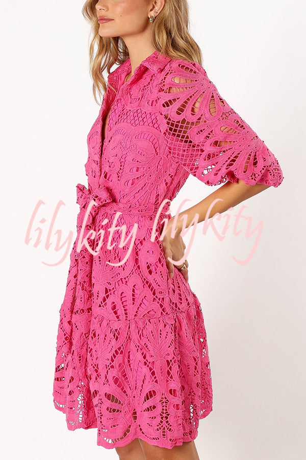 Solid Color Lace Cutout Balloon Sleeves and Waist Tie Mini Dress