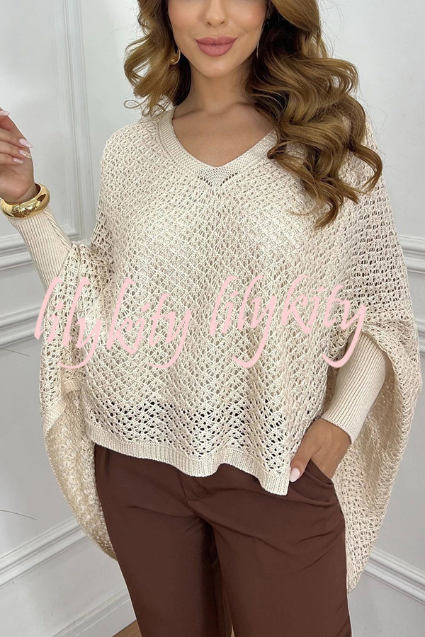 Fashion Hollow Long Sleeve Loose V-neck Knitted Sweater