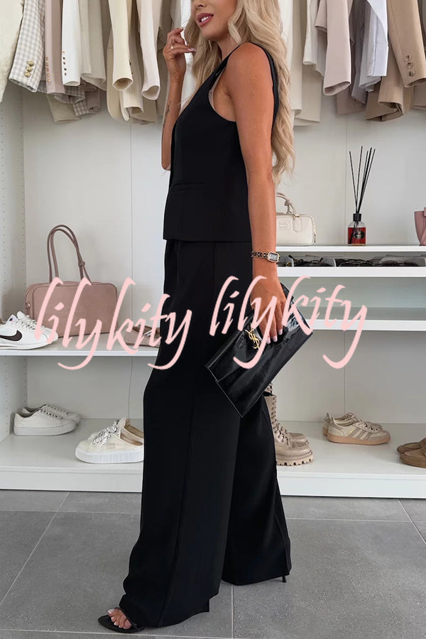 Workplace Chic Sleeveless Button Vest and Relaxed Pocket Wide Leg Pants Set