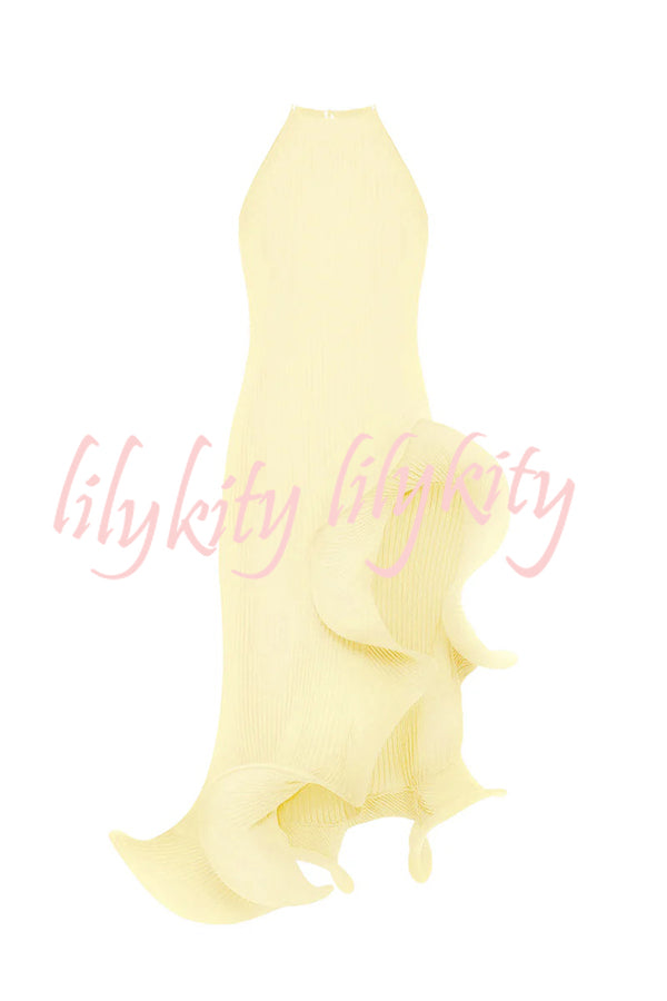 Solid Color Sleeveless Waist Tie Irregular Ruffle Slim Midi Dress