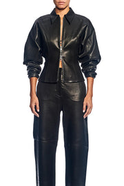 Pop of Brown Faux Leather Double Zipper Detail Balloon Sleeve Lapel Jacket