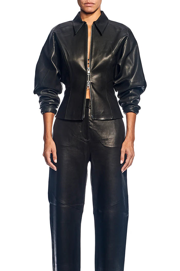 Pop of Brown Faux Leather Double Zipper Detail Balloon Sleeve Lapel Jacket