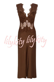 Wonderful Fusion Satin Lace Trim Poka Dot V-neck Drape Maxi Dress