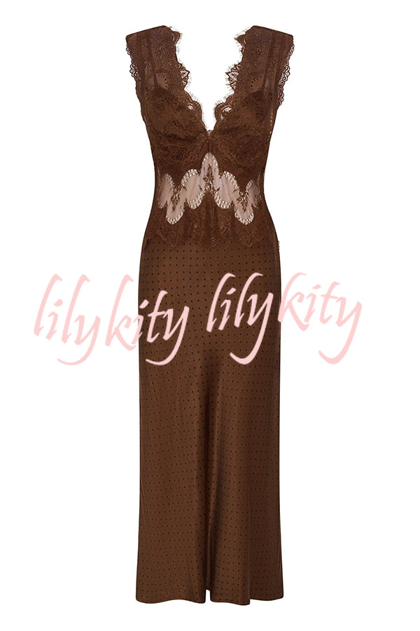 Wonderful Fusion Satin Lace Trim Poka Dot V-neck Drape Maxi Dress