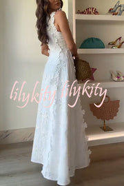 Mairi Embroidery Hollow Fabric Delicate Flower Trim Side Lace-up Maxi Dress