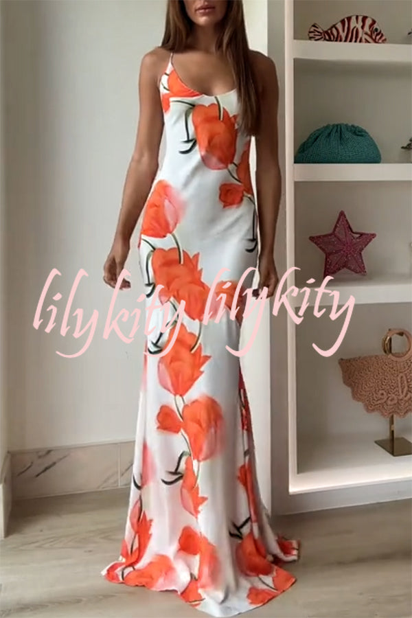 Charming Tulip Print Backless Crisscross Straps Flare Scarf Maxi Dress