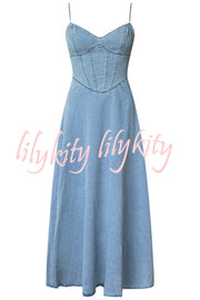 Solid Color Sleeveless Suspender Pleated Back Faux Denim Midi Dress