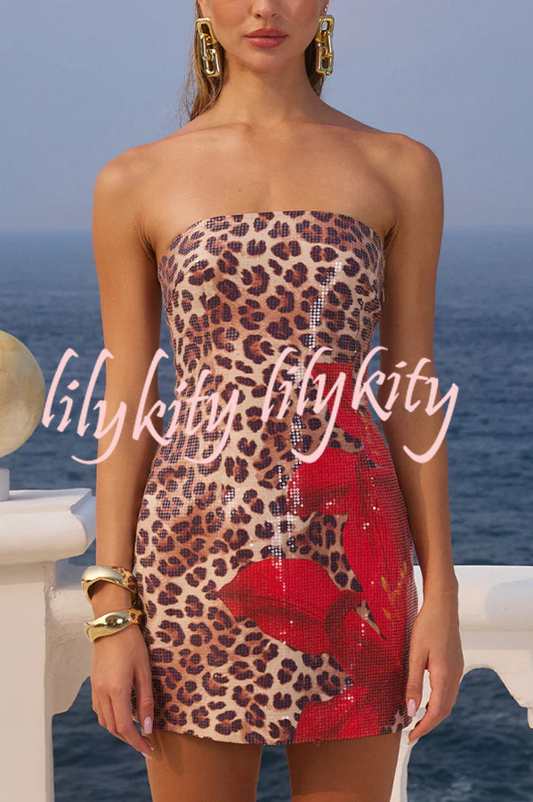 Beach Club Sequin Unique Print Strapless Stretch Mini Dress