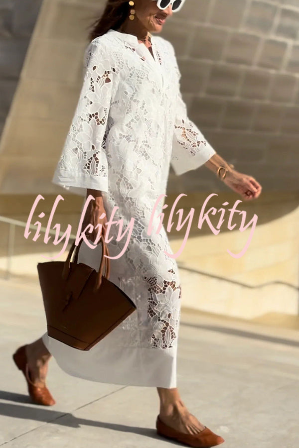 Confidence and Adventure Flower Lace V-neck Bell Sleeve Loose Midi Dress