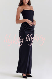 Attend The Gala Strapless Corset Satin Ruched Hip Drape Maxi Dress