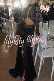 Dark Night Charm Sheer Lace Cutout Long Sleeve Stretch Maxi Dress